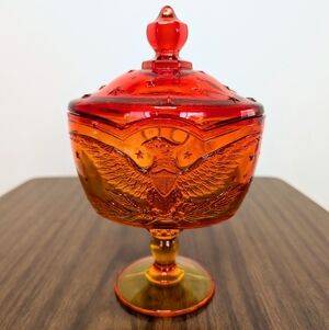 L.E. Smith Heritage Pattern Eagle & Stars Footed Candy Dish With Lid Amberina
